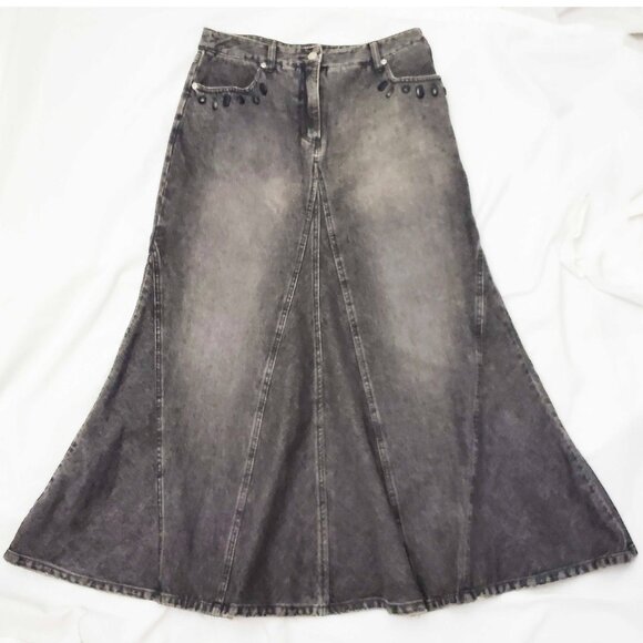 Vintage 80s 90s Jeanology Women's Denim Skirt Black Wash Gems Mermaid 10 - Picture 1 of 10